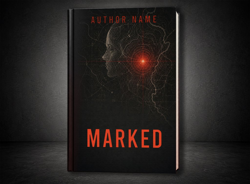 Psychological thriller premade book cover featuring a human profile formed by abstract contour lines with a glowing red target at the center, creating a tense and unsettling atmosphere.